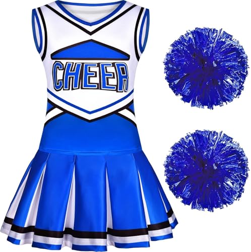 Costumerry Cheerleader Costume for Girls Cheerleading Outfit with Pom Poms Halloween Dress Up Party (Blue, 9-10 Years) - Image 5