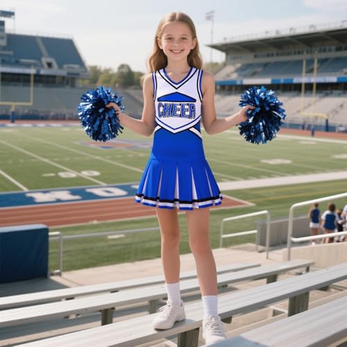 Costumerry Cheerleader Costume for Girls Cheerleading Outfit with Pom Poms Halloween Dress Up Party (Blue, 9-10 Years) - Image 3
