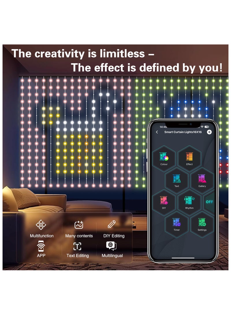 أضواء ستارة LED ذكية، أضواء ستارة USB، أضواء حائط متغيرة الألوان، أضواء سلسلة ستائر ديناميكية DIY لغرفة النوم وغرفة المعيشة، مقاومة للماء IP65 في الهواء الطلق، 1.6 × 1.6 متر، 256 مصباح LED RGBIC - Image 2