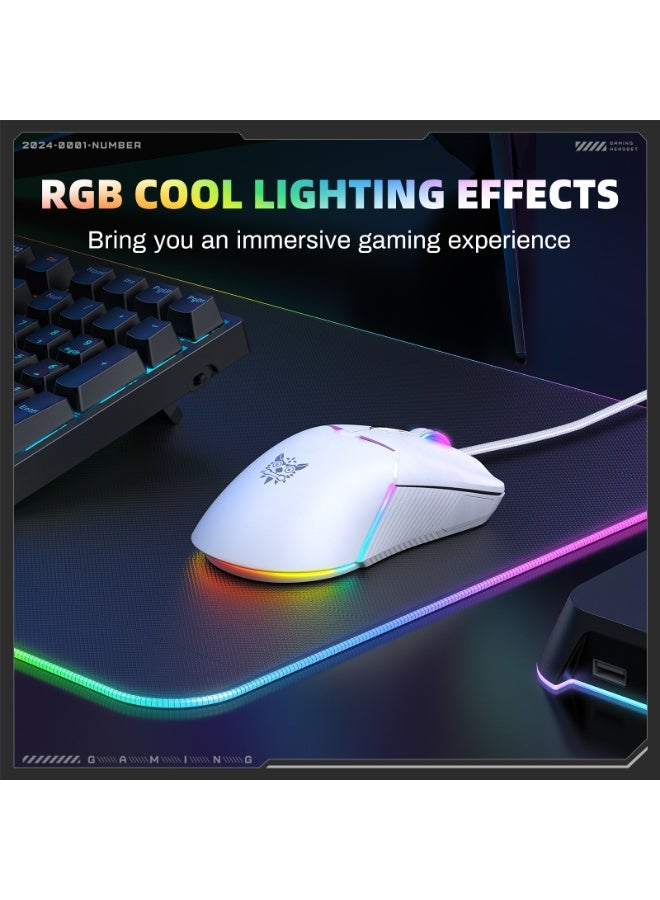 ONIKUMA CW929 Gaming Mouse Wired- 6 Button – Adjustable 6400DPI Optical Sensor A825  – 7 Colorful RGB Backlit Optical Gaming Mice for PC Laptop Gamer | White - Image 2