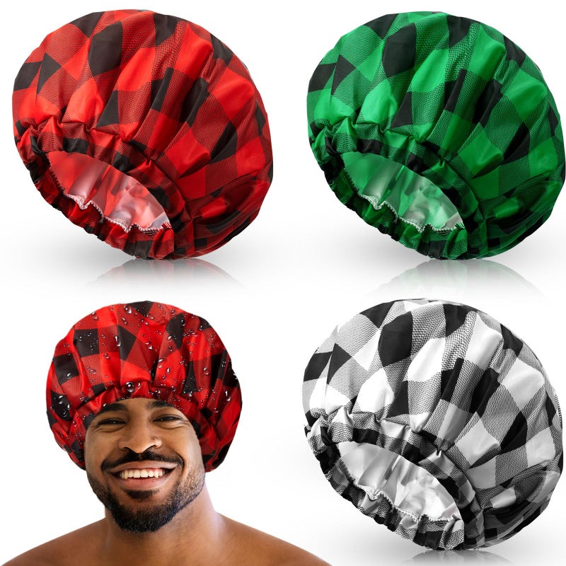 Shower Cap for Men Waterproof Reusable Large Bath Cap Men for Dreadlocks Braids Curls Locs Curly Hair 3 ColorsPlaid Pattern