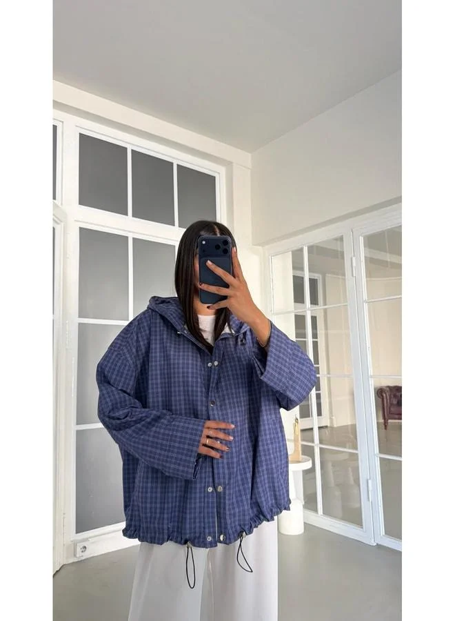 Navy Blue Snap-Button Checkered Hooded Raincoat GAUS-02001.