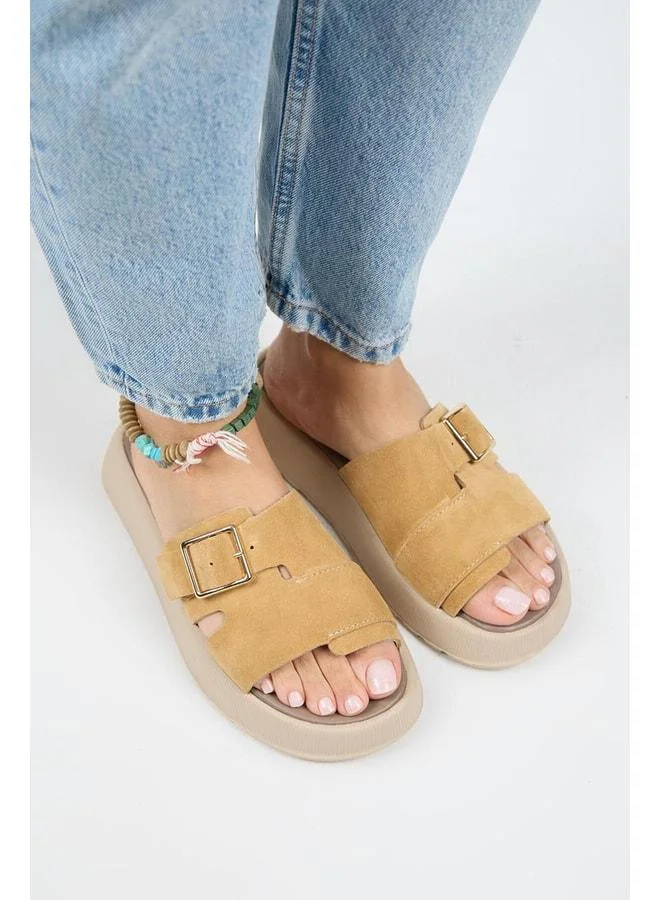 Manijero  Begonia Women's Genuine Leather Single Strap Mustard Slippers - Beige for Women | Best Price UAE