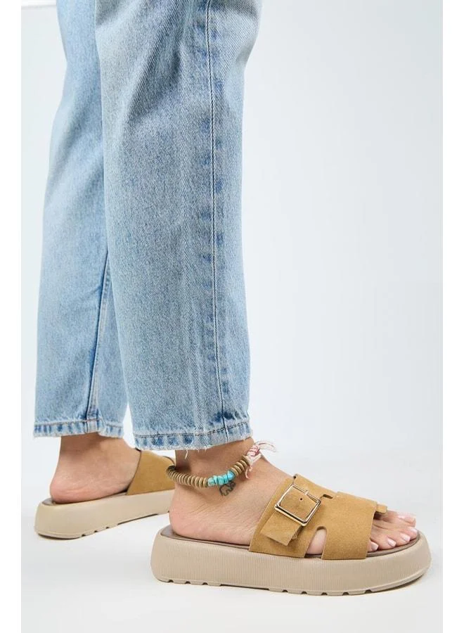 Begonia Women's Genuine Leather Single Strap Mustard Slippers - Beige