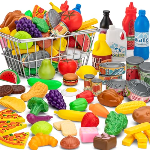 TikOnsYol 55 Pcs Grocery Store Pretend Play Food Set with Shopping Basket for Kids Toddlers 13 48 Kids Play Kitchen Accessories Plastic Fake Food Fruits and Vegetables Can Toy Gifts for Boys Girls - Image 1