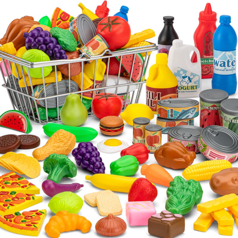 TikOnsYol 55 Pcs Grocery Store Pretend Play Food Set with Shopping Basket for Kids Toddlers 13 48 Kids Play Kitchen Accessories Plastic Fake Food Fruits and Vegetables Can Toy Gifts for Boys Girls - Image 3