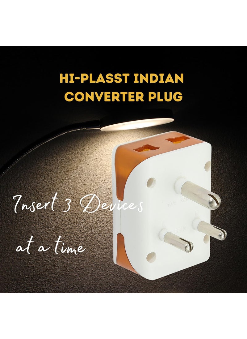 HI PLASST PINS N PLUGS HiPlasst Pack of 20 Universal 3Pin Multi Plug with Type D Socket 2X 2Pin 1x 3Pin Outlets USUKEU to India Travel Converter Plug 6A for International Devices White Orange  - Image 3