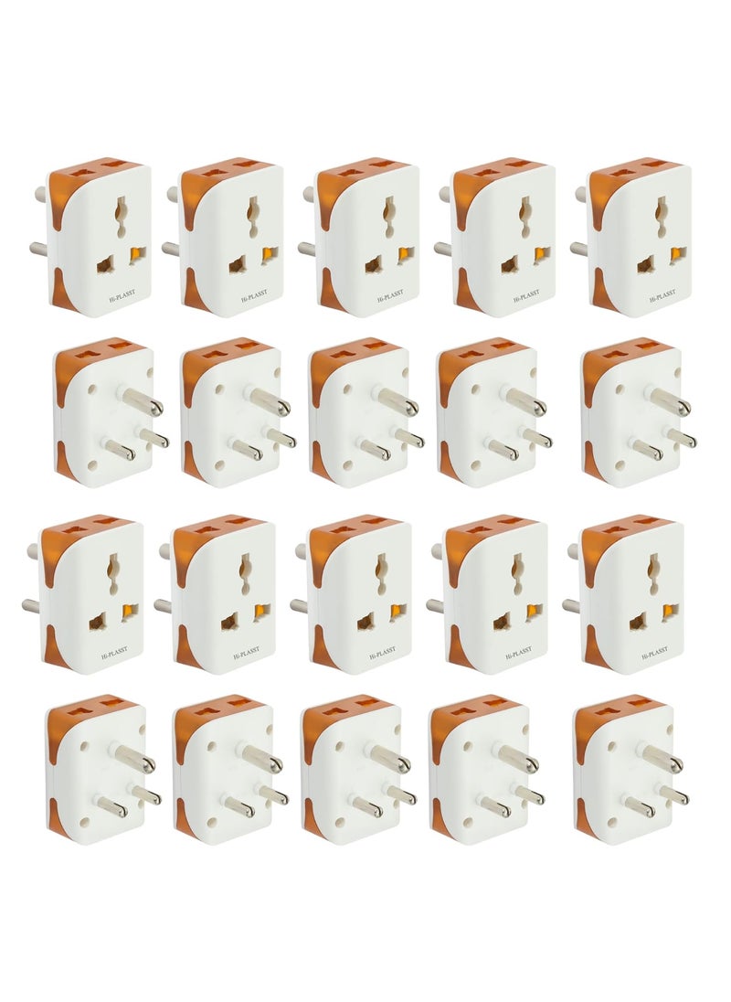 HI PLASST PINS N PLUGS HiPlasst Pack of 20 Universal 3Pin Multi Plug with Type D Socket 2X 2Pin 1x 3Pin Outlets USUKEU to India Travel Converter Plug 6A for International Devices White Orange  - Image 1