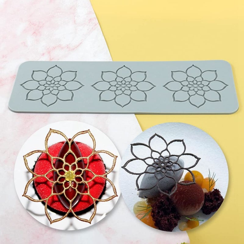 TUKE Lace Molds for Cake Decorating 3D Leaf Silicone Molds for Baking Gummy Molds Clay Fondant Molds Lace Mats Flower Honeycomb Bee Pattern for Sugar Chocolate Polymer (Flower_11.4x4x0.12inch_P) - Image 2