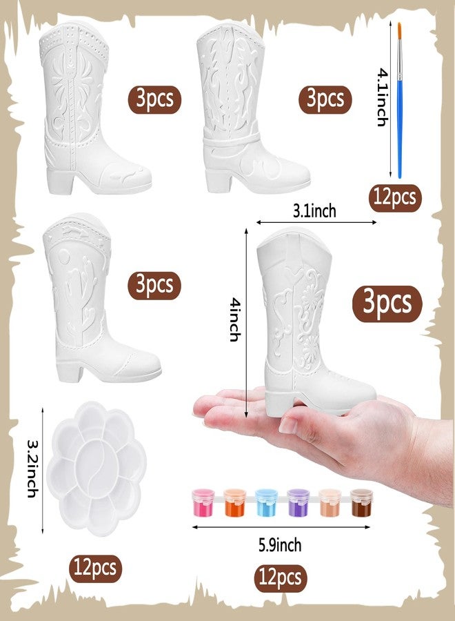 Affrolling 12 Set Cowboy Plaster Boot Vases Ceramics to Paint Ready to Paint DIY Unpainted Plaster Paintable Kit Contains Four Different Styles of Vases with Brush Palette for Adults - Image 2