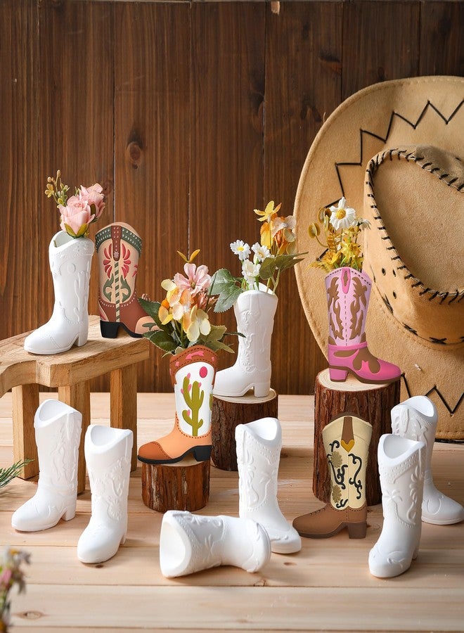 Affrolling 12 Set Cowboy Plaster Boot Vases Ceramics to Paint Ready to Paint DIY Unpainted Plaster Paintable Kit Contains Four Different Styles of Vases with Brush Palette for Adults - Image 3
