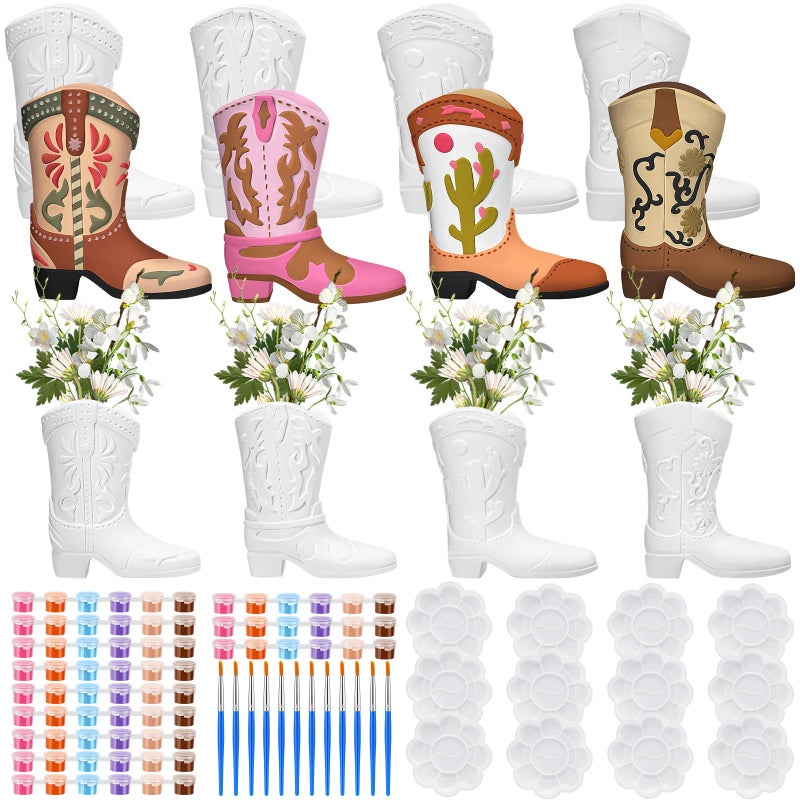 Affrolling 12 Set Cowboy Plaster Boot Vases Ceramics to Paint Ready to Paint DIY Unpainted Plaster Paintable Kit Contains Four Different Styles of Vases with Brush Palette for Adults - Image 1