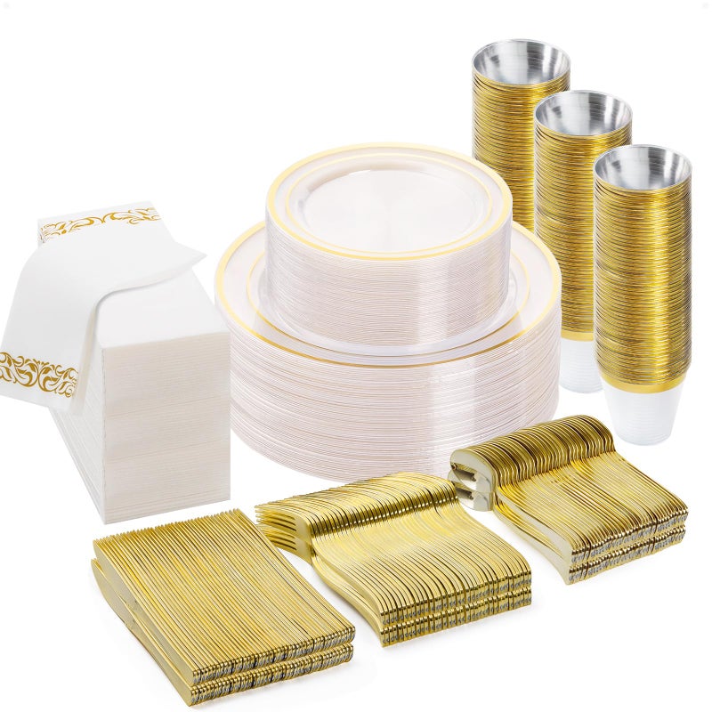 BESTVIP 350PCS Clear Gold Disposable Dinnerware Set for 50 Guests Plastic Plates for Party Wedding Include 100 Plastic Plates 50 Gold Silverware 50 Cups 50 Napkins