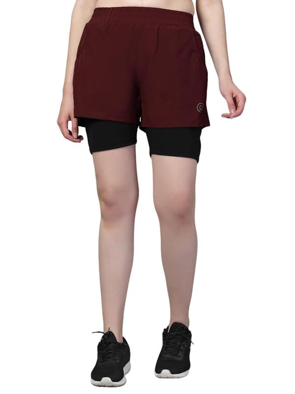 CHKOKKO Gym Shorts for Women Workout Sports Running Quick Dry Fit Double Layer Inner Compression with Pockets Breathable Lightweight Wine Black S - Image 1
