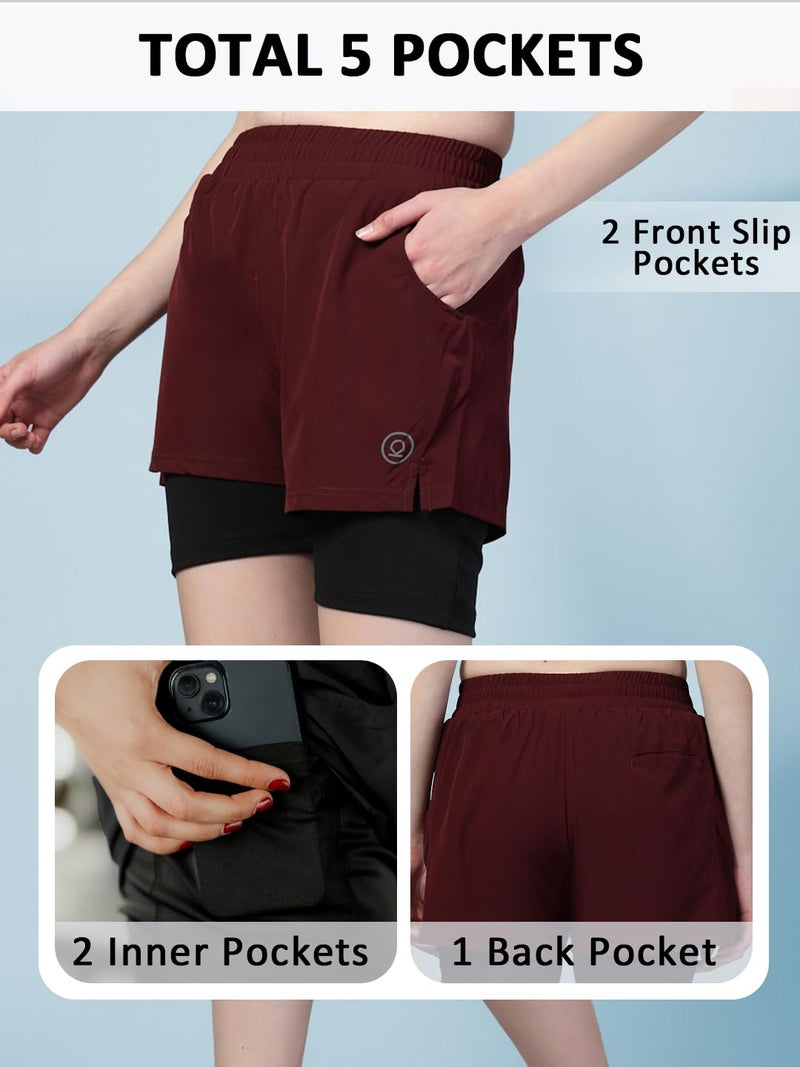 CHKOKKO Gym Shorts for Women Workout Sports Running Quick Dry Fit Double Layer Inner Compression with Pockets Breathable Lightweight Wine Black S - Image 3