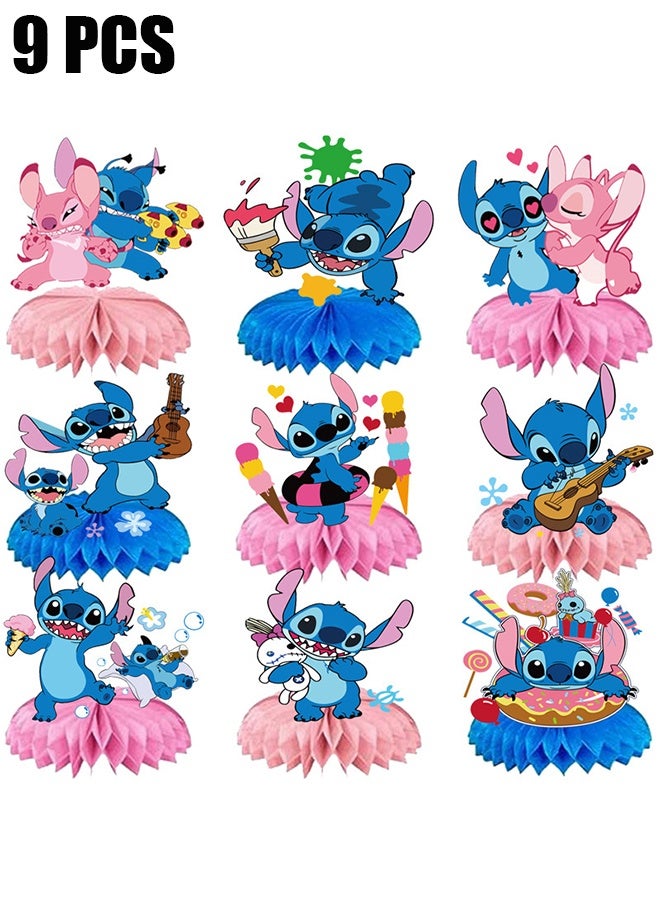 HY Stitch Birthday Party Supplies, Honeycomb Center Decorations, Stitch Party Decorations, Double-sided Desktop Decorations, Center Decorations for Parties, 9 Pcs - Image 1