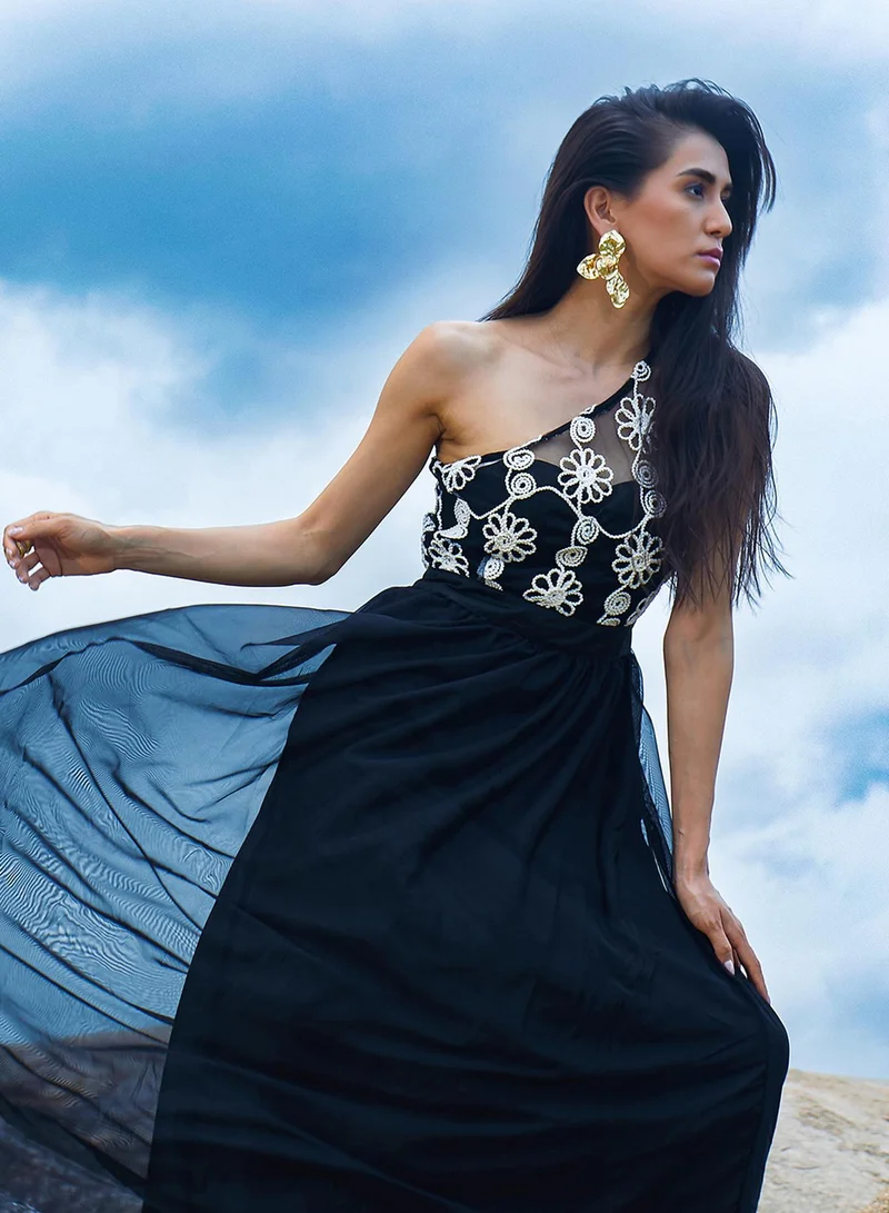PINACOLADA PINACOLADA Women's Midnight Black Blossom Maxi Dress For Casual Wear | One-Shoulder | Sleeveless | Zipper Closure | Dress Designed With Comfortable Fit For Woman & Girls