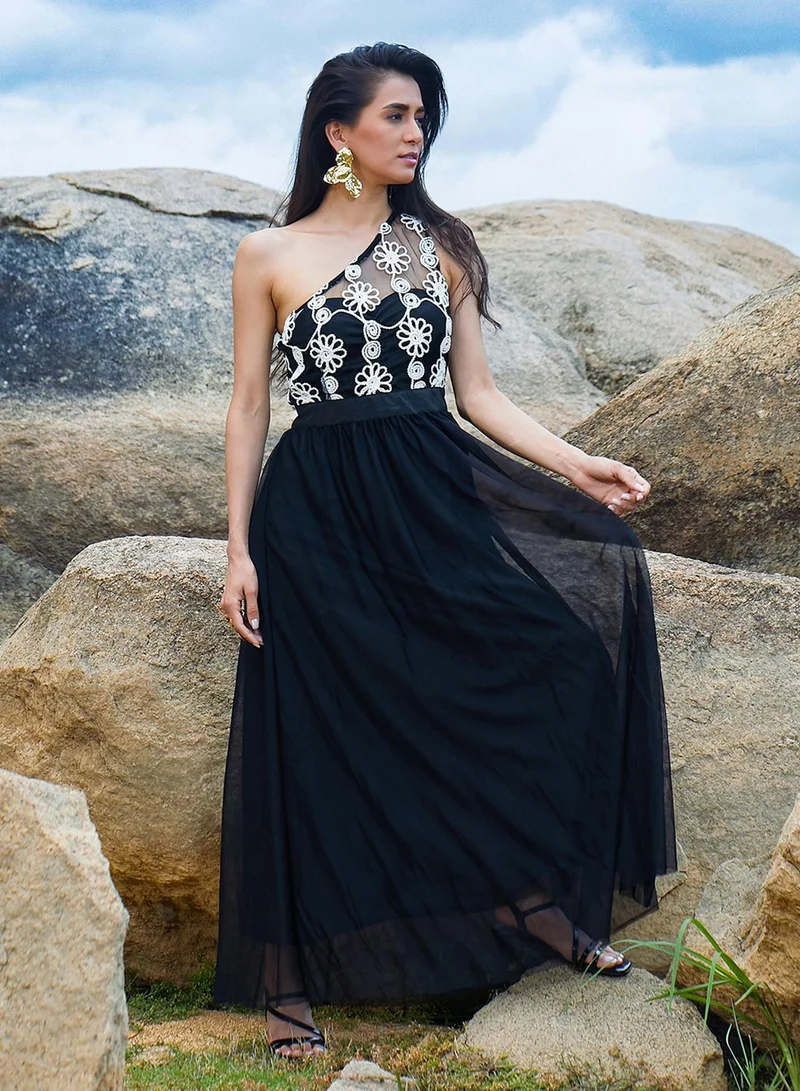PINACOLADA PINACOLADA Women's Midnight Black Blossom Maxi Dress For Casual Wear | One-Shoulder | Sleeveless | Zipper Closure | Dress Designed With Comfortable Fit For Woman & Girls