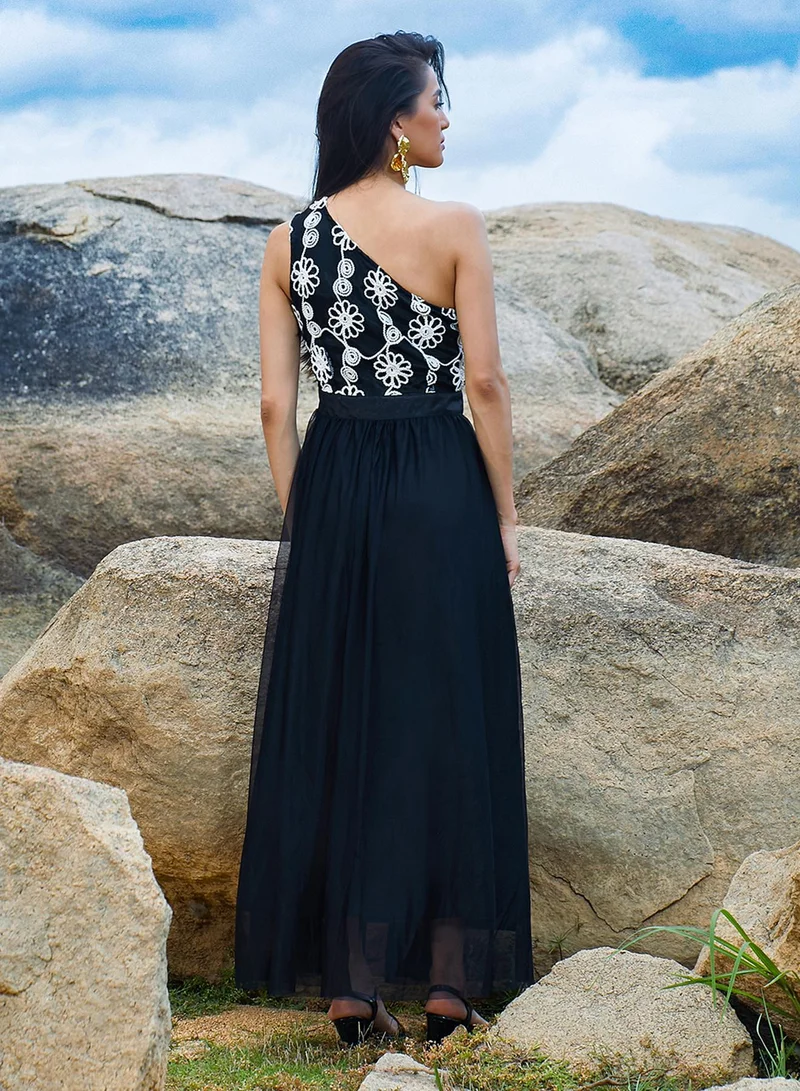 PINACOLADA PINACOLADA Women's Midnight Black Blossom Maxi Dress For Casual Wear | One-Shoulder | Sleeveless | Zipper Closure | Dress Designed With Comfortable Fit For Woman & Girls