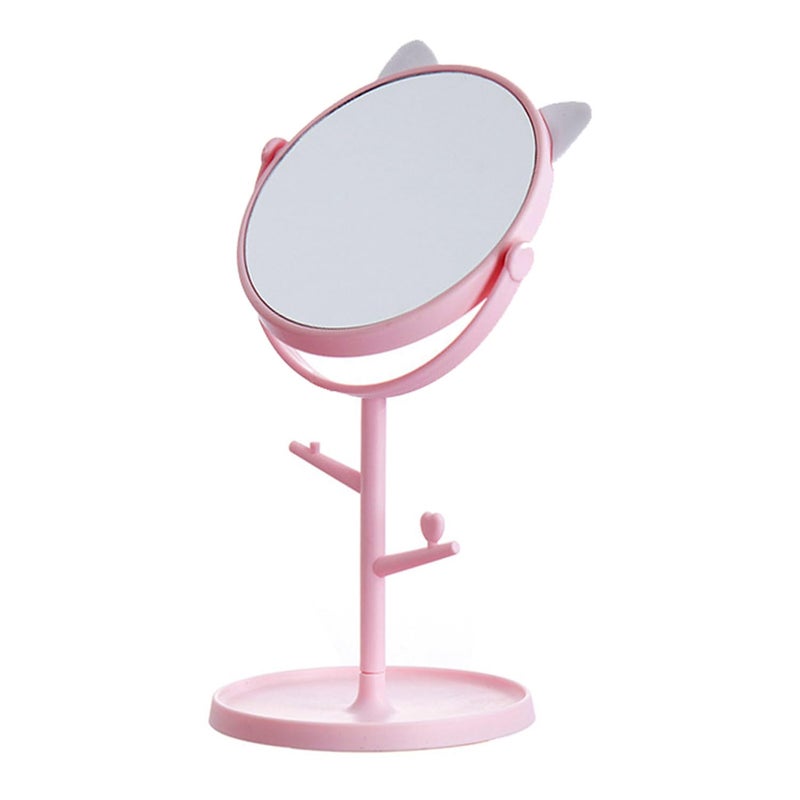 PRAYAS Tabletop Makeup Mirror Rotatable Vanity Mirror Desktop Mirror with Cute Cat Ears Shape Round Cosmetic Mirror for Household and Travel White Pink - Image 1