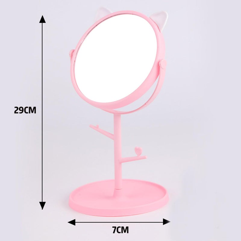 PRAYAS Tabletop Makeup Mirror Rotatable Vanity Mirror Desktop Mirror with Cute Cat Ears Shape Round Cosmetic Mirror for Household and Travel White Pink - Image 3