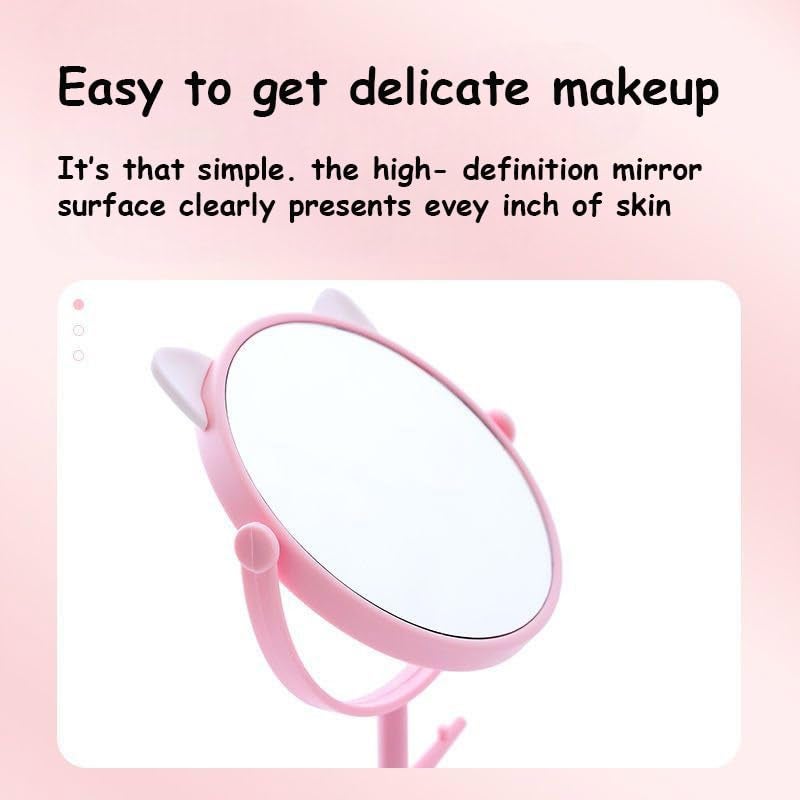 PRAYAS Tabletop Makeup Mirror Rotatable Vanity Mirror Desktop Mirror with Cute Cat Ears Shape Round Cosmetic Mirror for Household and Travel White Pink - Image 5