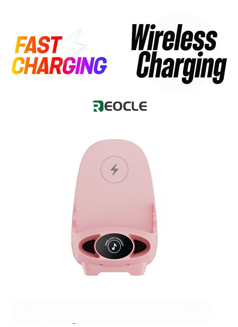 ريوكل شاحن لاسلكي صغير مع كرسي شحن لاسلكي سريع وحامل هاتف متعدد الوظائف وحامل هاتف محمول مع وظيفة مكبر صوت وحامل هواتف وديكور سطح المكتب - Image 1