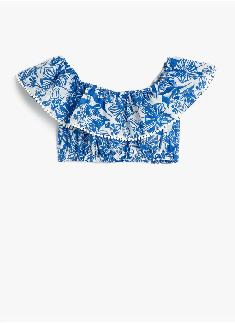 KOTON Crop Blouse Shoulder Off Ruffle Floral Printed Viscose