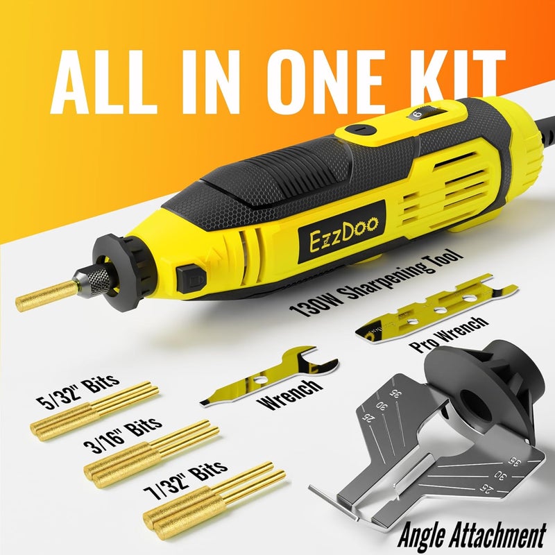 EzzDoo Electric Chainsaw Sharpener Kit with 6 Titanium-Coated Diamond Bits - Handheld Chain Saw Sharpener Tool for All Chains - No Removal Required, Easy and Fast Chainsaw Sharpening Kit - Image 2