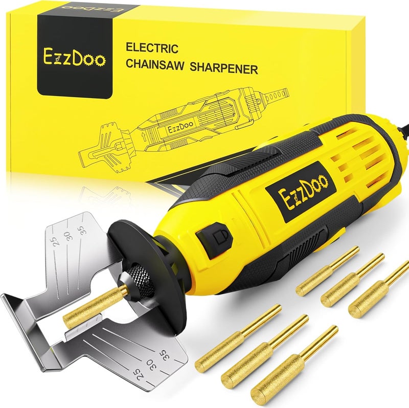 EzzDoo Electric Chainsaw Sharpener Kit with 6 Titanium-Coated Diamond Bits - Handheld Chain Saw Sharpener Tool for All Chains - No Removal Required, Easy and Fast Chainsaw Sharpening Kit - Image 1