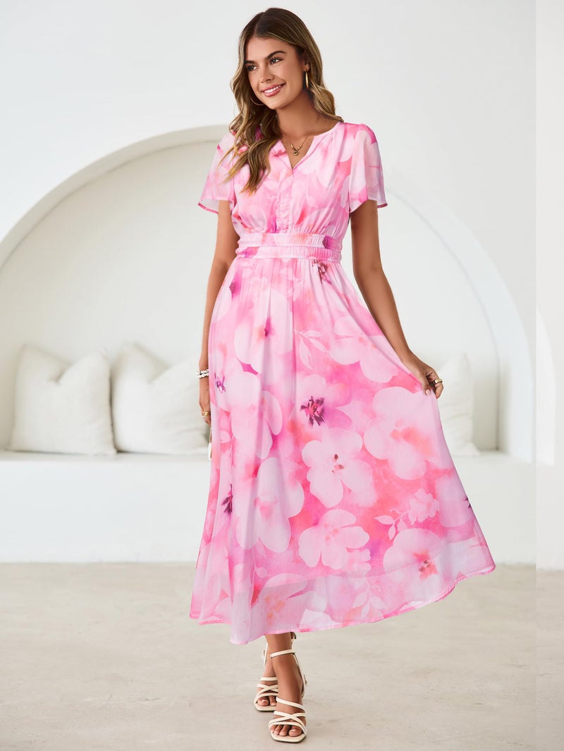 Simplee Women Floral Summer Maxi Dress Boho Flowy Casual Chiffon Short Sleeves V Neck Long Wedding Guest Dresses Pink White Floral S - Image 5