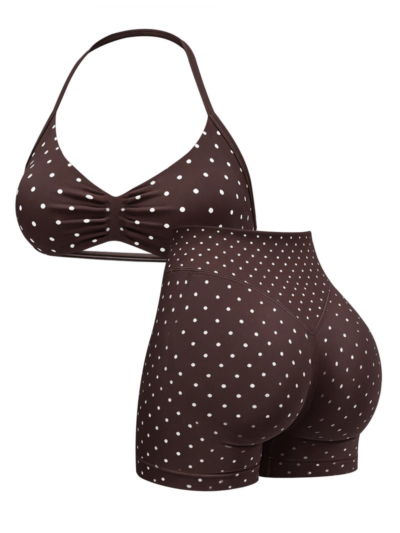 2026 Cross-Border European and American New Popular Polka Dot Halter Top Butt-Lifting Shorts Yoga Fitness Sportswear Set