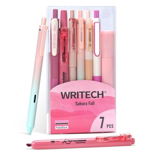WRITECH أقلام جيل WRITECH لتدوين الملاحظات: مجموعة دفتر أنيقة بألوان باستيل متنوعة حبر 0.5 مم نقطة رفيعة قابلة للسحب قلم أسود 0.7 مم كتابة سلسة رسم بدون تسرب 7 قطع (وردي) - Image 1