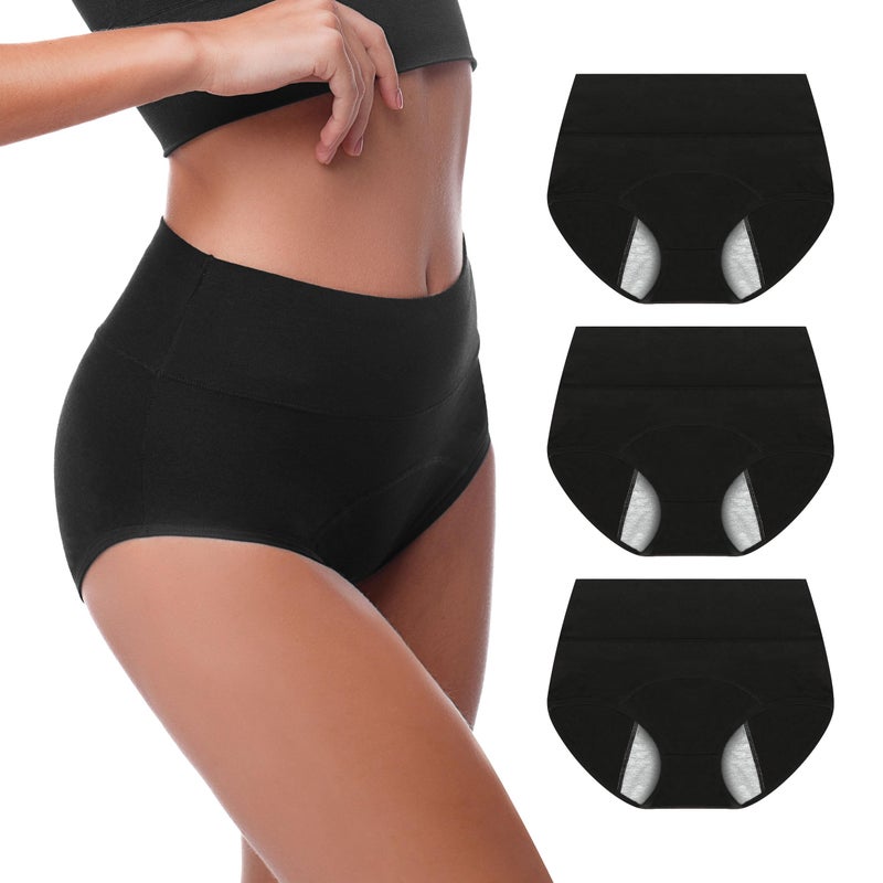 Walifrey Period Underwear for Women, High Waisted Panties Leakproof Postpartum Cotton Briefs 3 Pack Black S - Image 1