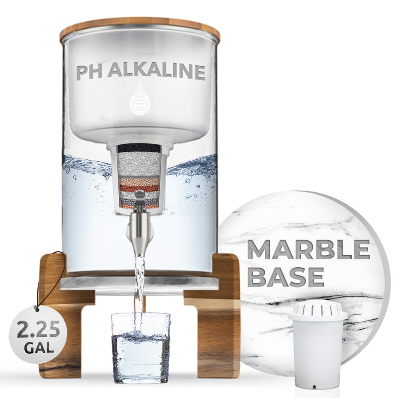 موزع مياه قلوية معاد شحن pH مياه منعشة  خزان مياه زجاجي خالي من BPA  سعة 36 كوب 360 لتر  عمر فلتر طويل  من خشب الأكاسيا والرخام