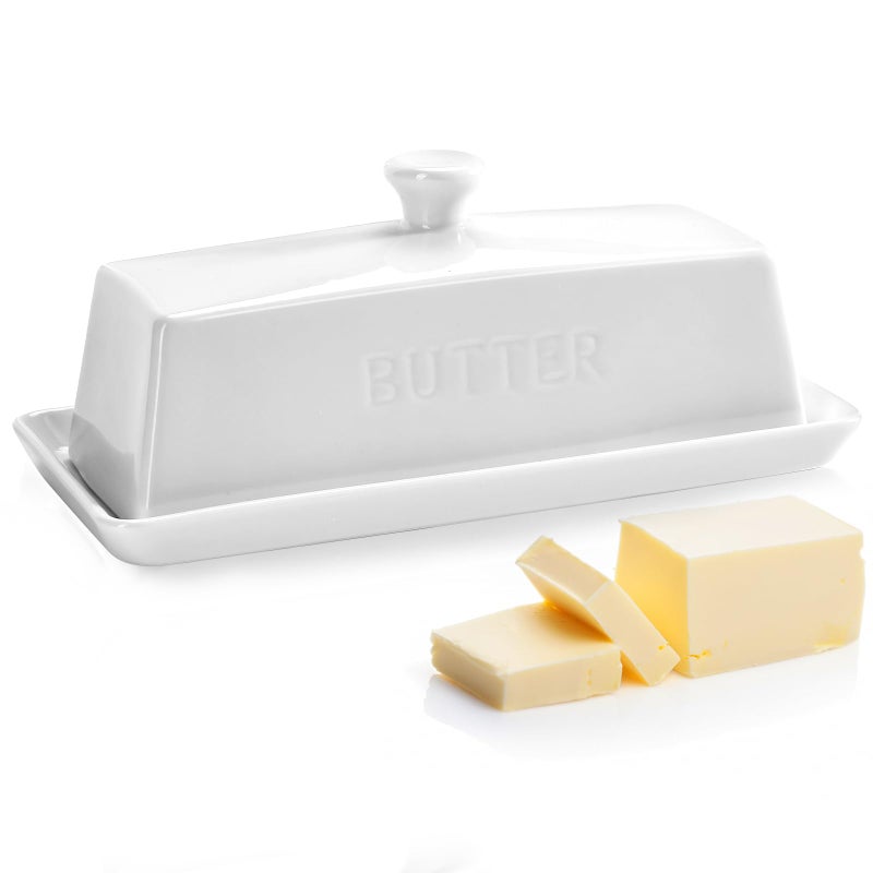 Butter Dish with LidWERTIOO Butter Dish With Lid for Countertop76 x 33 Butter TrayButter Holder for 1 StickTextured Tray Butter Keeper for Non Slip StorageCeramic  White