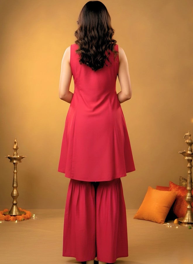 WineRed Wine Red Ethnic Motifs Embroidered Kurta with Sharara and Dupatta - Image 5