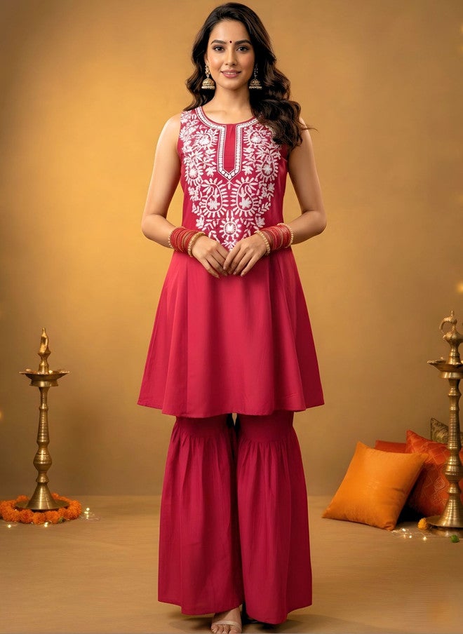 WineRed Wine Red Ethnic Motifs Embroidered Kurta with Sharara and Dupatta - Image 2