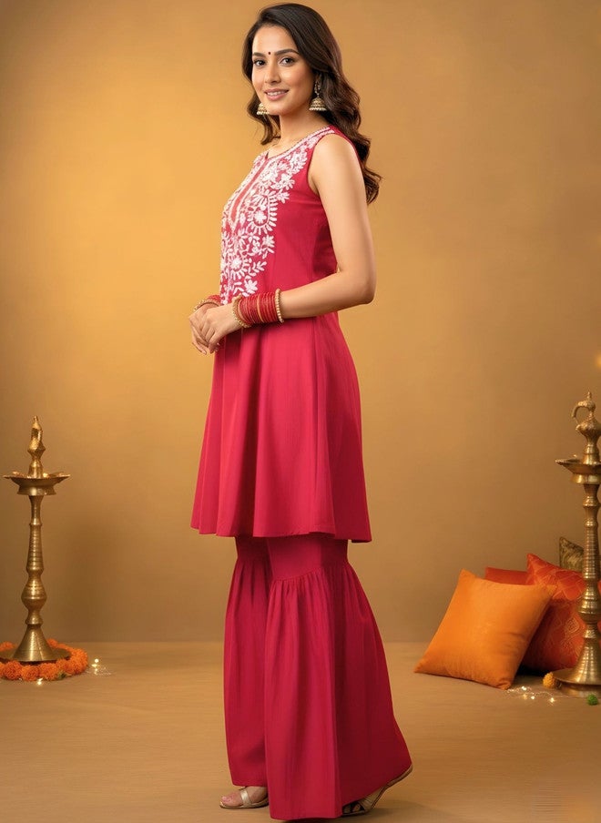 WineRed Wine Red Ethnic Motifs Embroidered Kurta with Sharara and Dupatta - Image 4