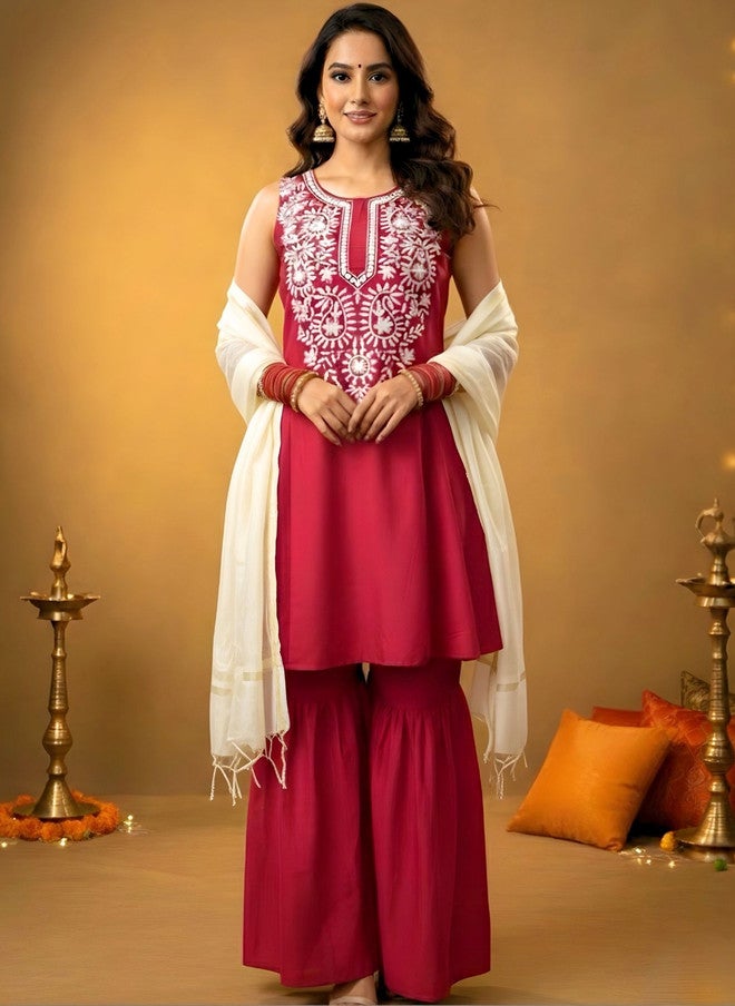 WineRed Wine Red Ethnic Motifs Embroidered Kurta with Sharara and Dupatta - Image 1