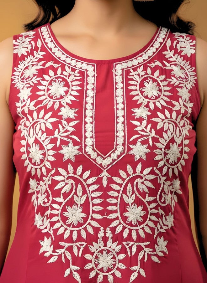 WineRed Wine Red Ethnic Motifs Embroidered Kurta with Sharara and Dupatta - Image 3
