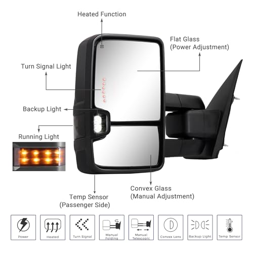 Sanooer Towing Mirror for Silverado Sierra -Compatible with 2014-2018 Chevy Silverado GMC Sierra With Power Operated Heated Glass Turn Signal Light&Running Light Driver&Passenger Sides - Image 2