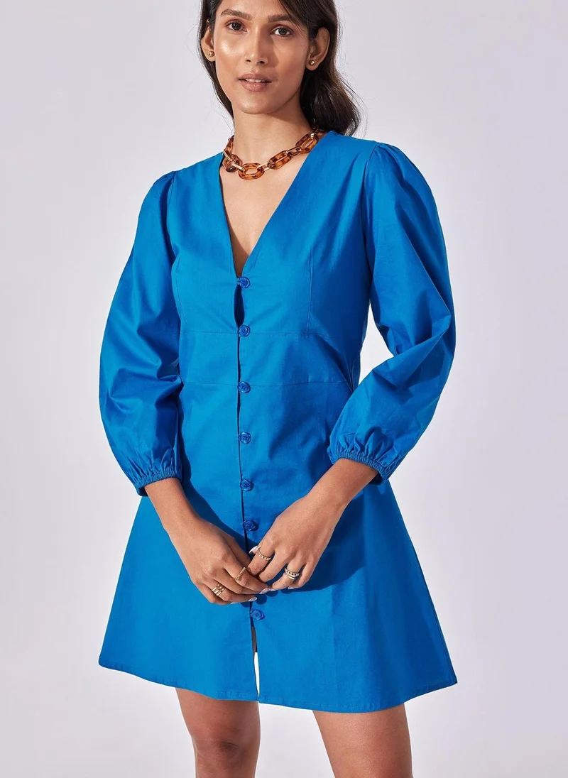 The Label Life The Label Life Women's V-Neck Button-Down Mini Dress - Cobalt, Blue