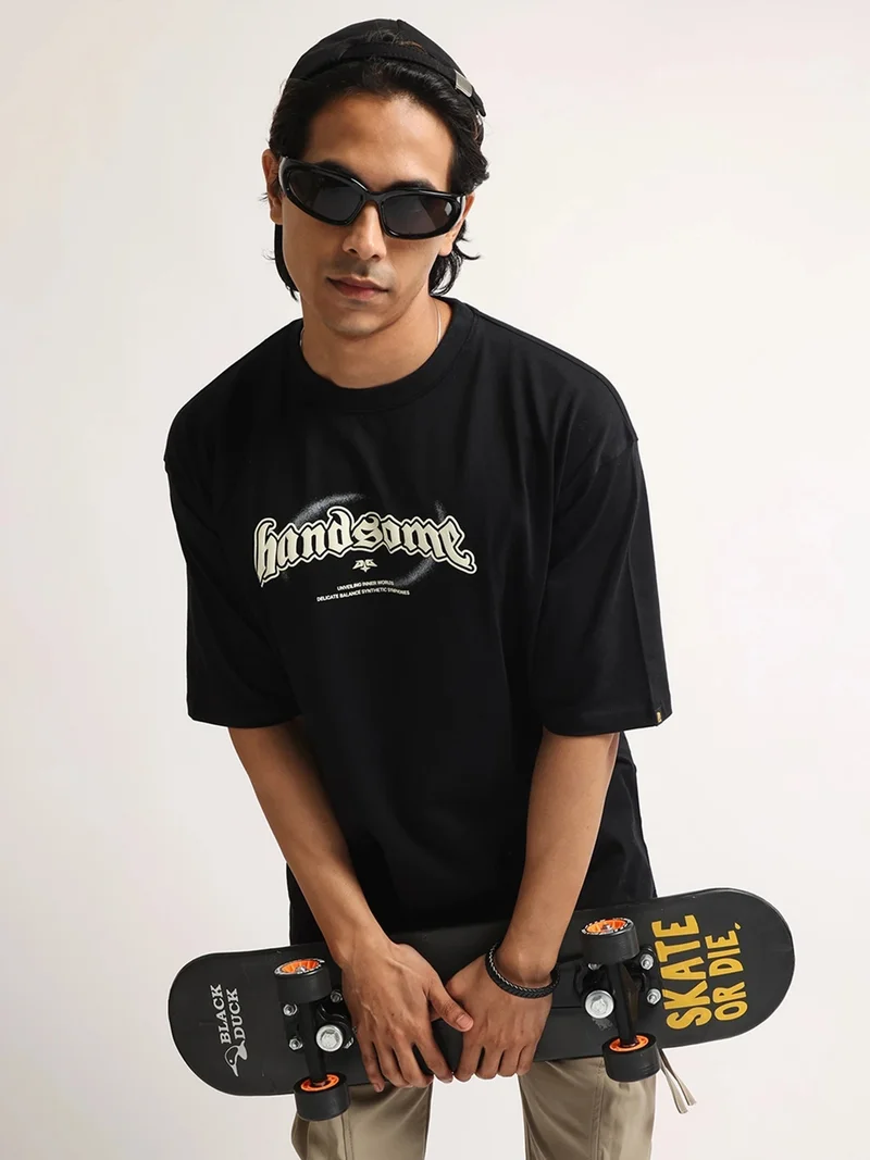 مانياك Maniac Mens Printed Round Neck Half Sleeve Cream and Hunter Green Cotton Tshirt