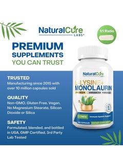 Natural Cure Labs L-Lysine + Monolaurin 600mg 1:1 Ratio, 2 Pack, 200 Capsules  - Image 2