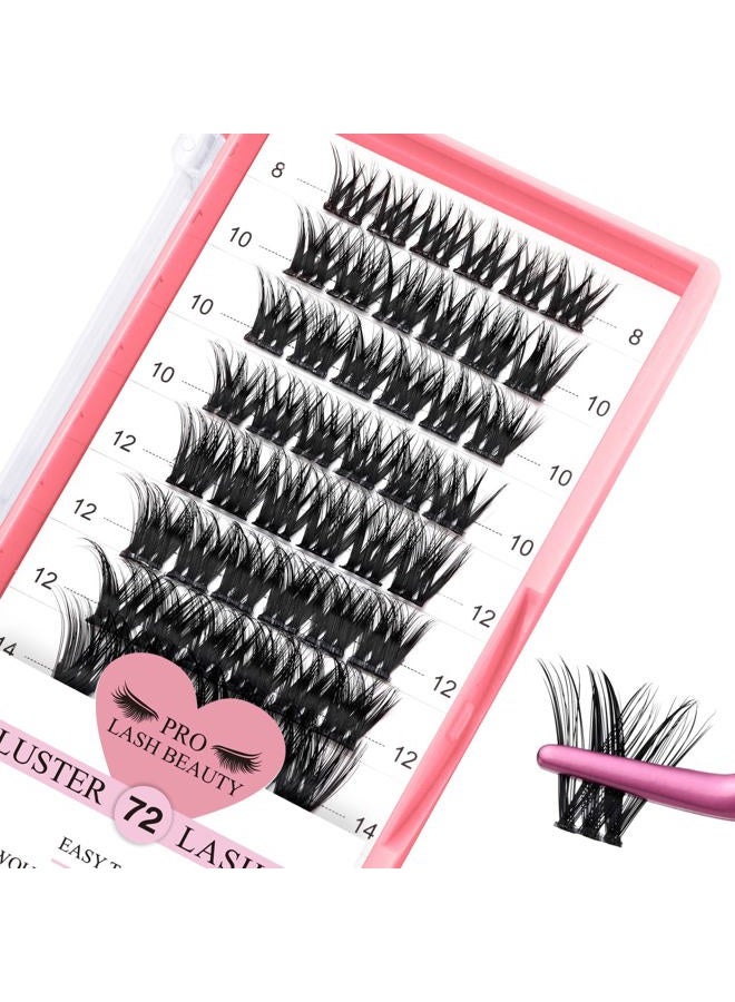 PRO LASHBEAUTY رموش مجمعة، 72 قطعة رموش فردية، مجاميع رموش لتطبيقها بنفسك، شريط رفيع للغاية قابل لإعادة الاستخدام ناعم ومريح (رومانسي-D-8-16mix) - Image 1