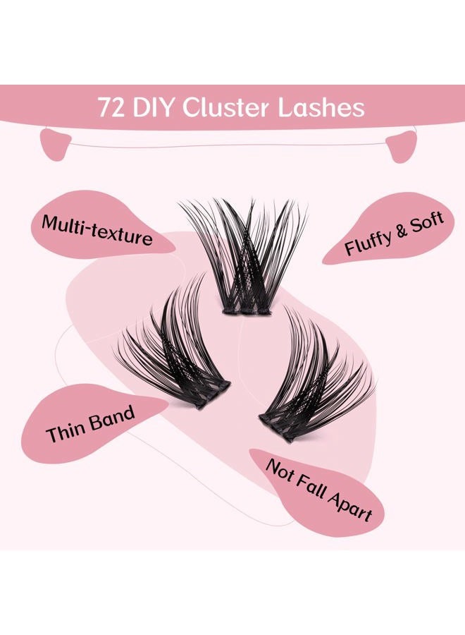 PRO LASHBEAUTY رموش مجمعة، 72 قطعة رموش فردية، مجاميع رموش لتطبيقها بنفسك، شريط رفيع للغاية قابل لإعادة الاستخدام ناعم ومريح (رومانسي-D-8-16mix) - Image 2