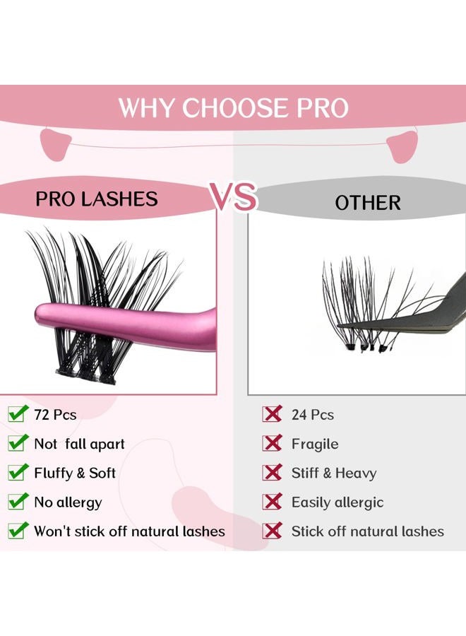 PRO LASHBEAUTY رموش مجمعة، 72 قطعة رموش فردية، مجاميع رموش لتطبيقها بنفسك، شريط رفيع للغاية قابل لإعادة الاستخدام ناعم ومريح (رومانسي-D-8-16mix) - Image 4
