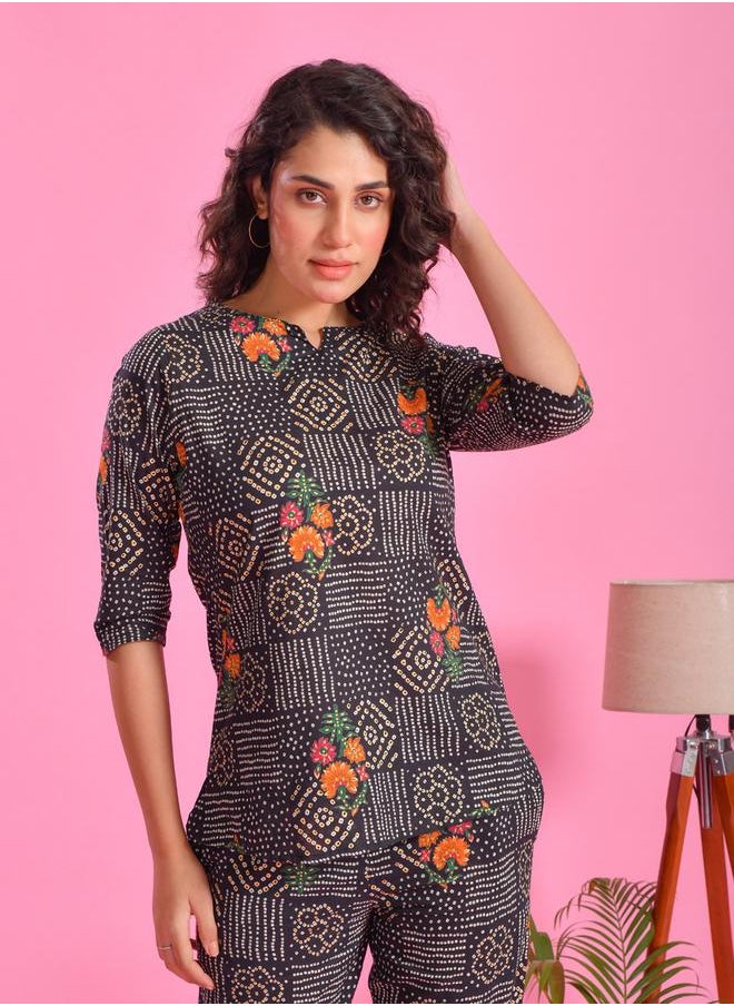 sanskrutihomes Pure Cotton Printed Notch Neck Top and Pyjama Set by Styli  - Image 5