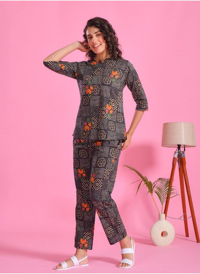 sanskrutihomes Pure Cotton Printed Notch Neck Top and Pyjama Set by Styli  - Image 4